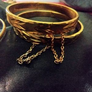 Vintage cuff gold bracelet set chain bangle 70s 80s diamond cut shiny cosplay
